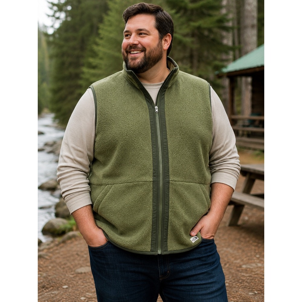 The North Face Mens XXL Olive Green Fleece Full Zip Sherpa Vest Jacket Pockets